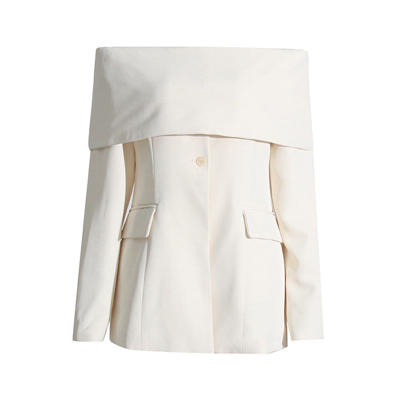 Niche Design Solid Color Stitching Blazer Autumn off Shoulder Long Sleeve Strapless Sexy Pocket Coat