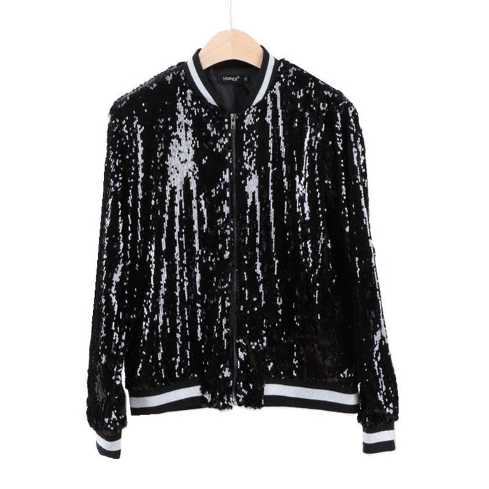 Street Hipster Women Casual Zipper Jacket Sequined Colored Rib Varsity Jacket Jacket