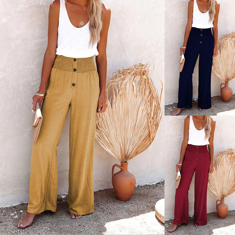 Women Clothing High Waist Loose Long Cotton Linen Wide Leg Pants Elastic Loose Casual Wide Leg Women