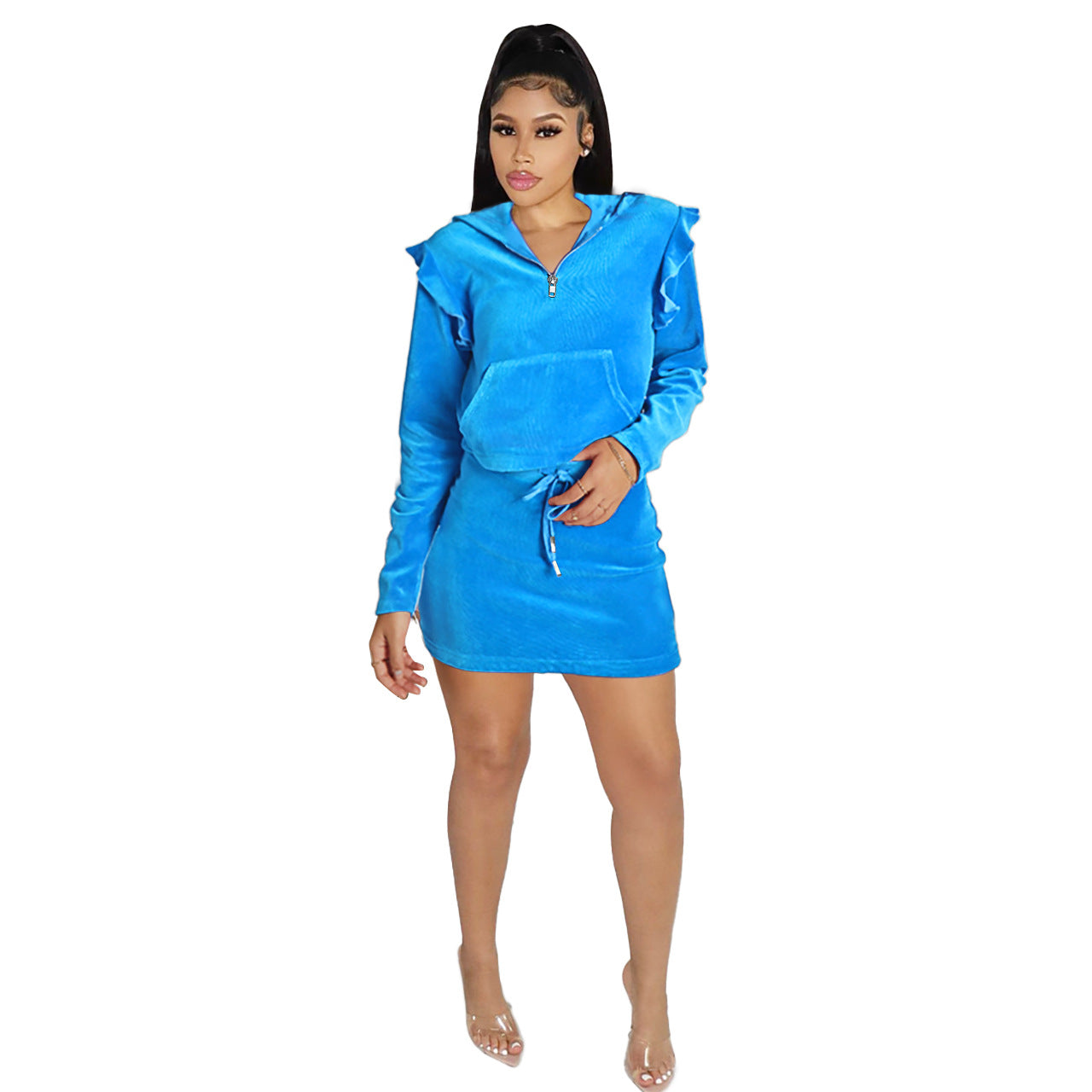 Autumn Winter Zipper Hooded Velvet Ruffled Design Short Mid Length Dress Set