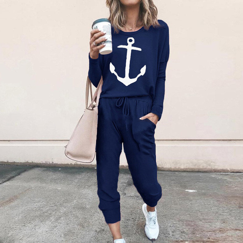 Women Clothing Loose Boat Anchor Printed Long-Sleeved Casual Suit