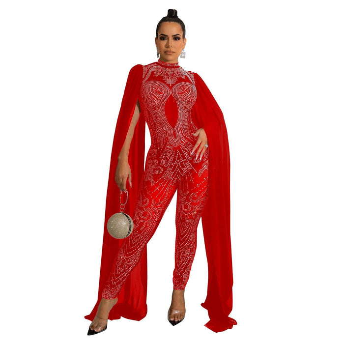 Autumn Winter Women Clothing Sexy Mesh Rhinestone See through Nightclub Jumpsuit Women