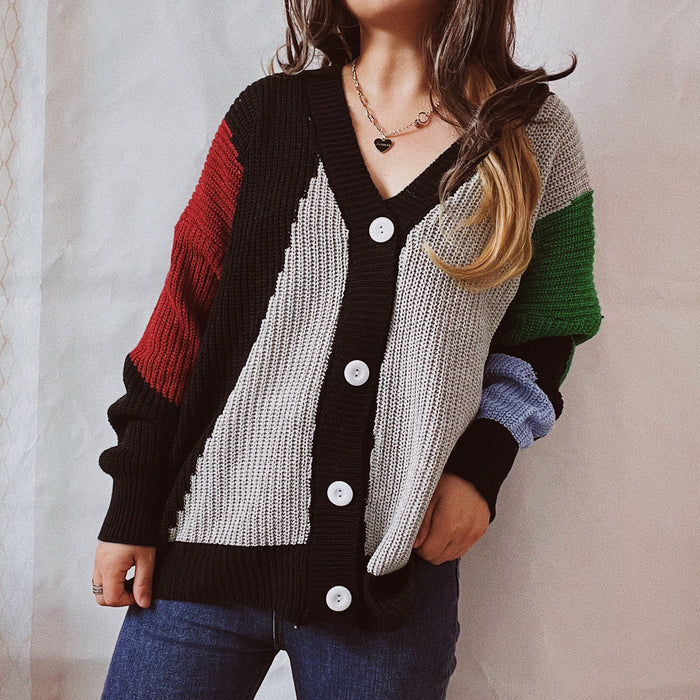 Autumn Winter Casual Irregular Asymmetric Stitching Contrast Color Single Breasted Knitted Cardigan Sweater Coat