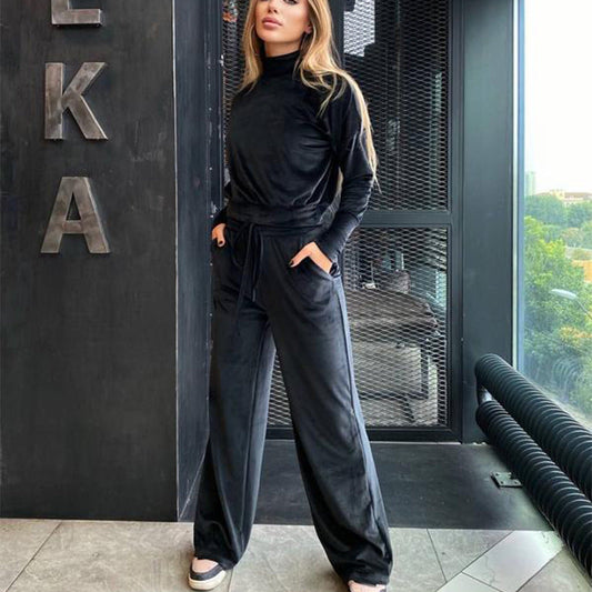 Autumn Winter Casual Set Solid Color Silver Fox Velvet Turtleneck Long Sleeve Top Drawstring Trousers