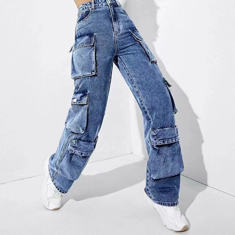 Women Jeans Overalls High Waist Flap Pocket Women Pants Loose Fit Women Pants