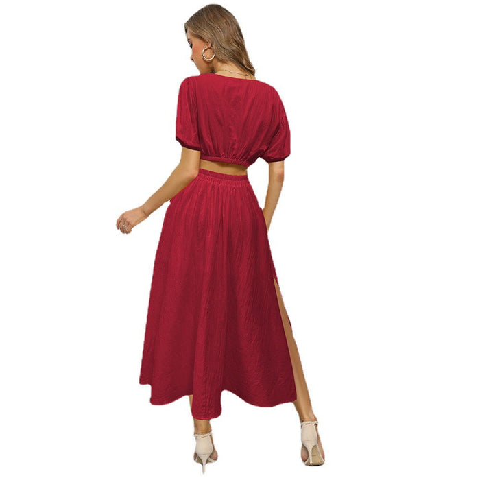 Women Clothing Spring Summer round Neck Waist Trimming Short Top Wide Hem Long Skirt Set