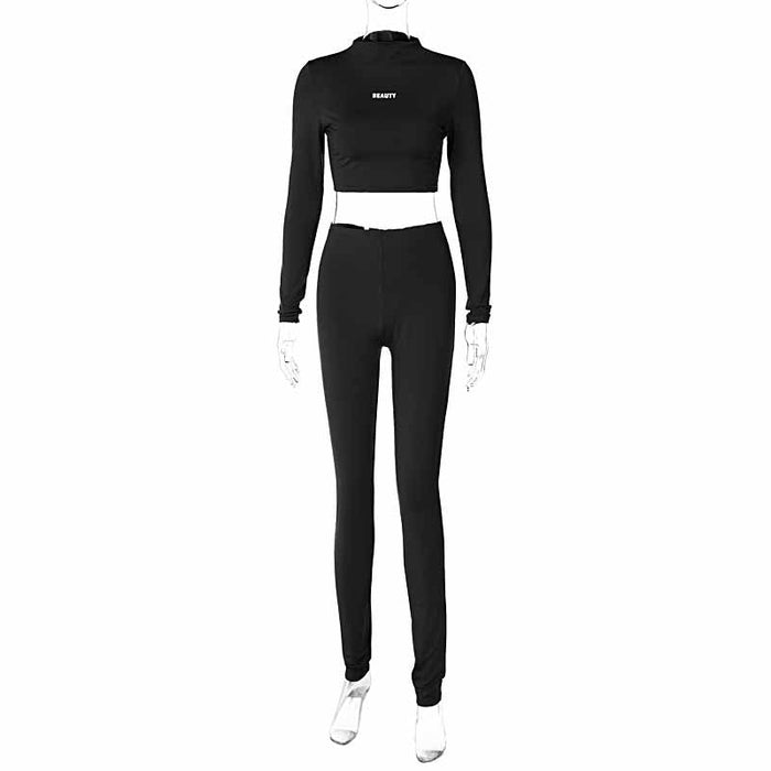 Women Clothing Winter Slim Fit Cropped Long Sleeve Top Slim Yoga Trousers Set