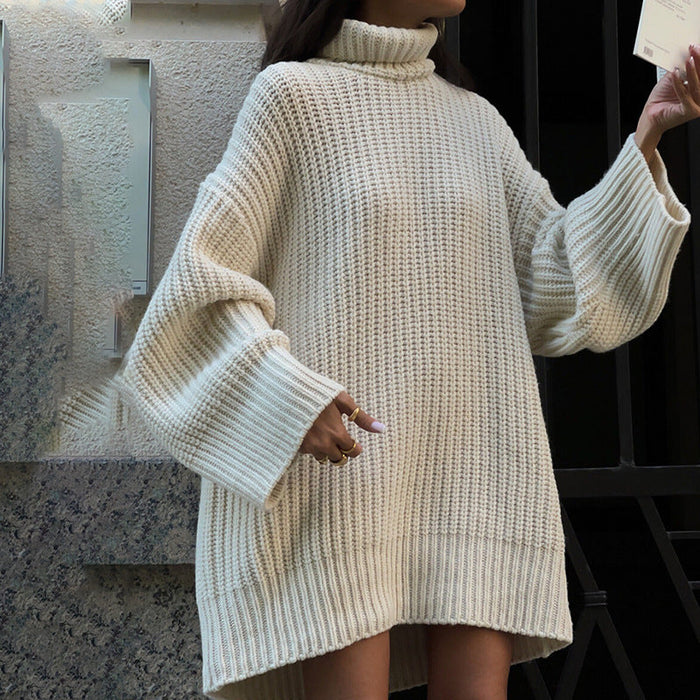 Autumn Winter Clothing Lazy Chic Office Knitted Loose Turtleneck Maxi Dress Sweater