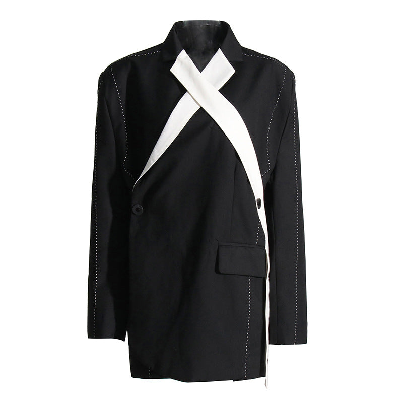 Black White Stitching Personalized Blazer Women  Autumn Color Contrast Loose Design Thick Thread Design Coat