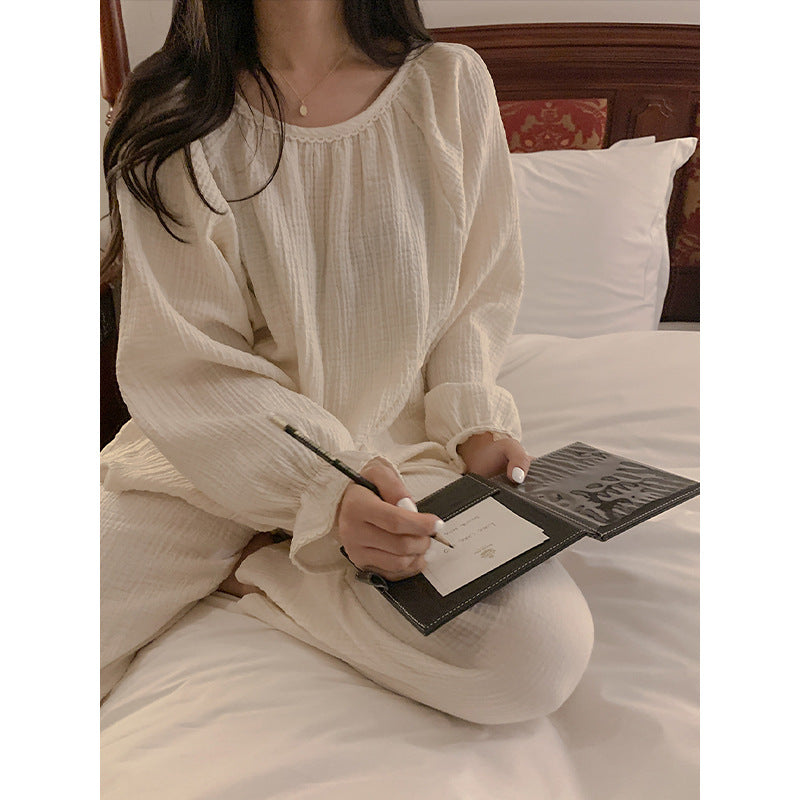Homewear Suit Pure Cotton Double Layer Gauze Pajamas Long Sleeve Long Sleeve Two Piece Set Lace Collar Pajamas