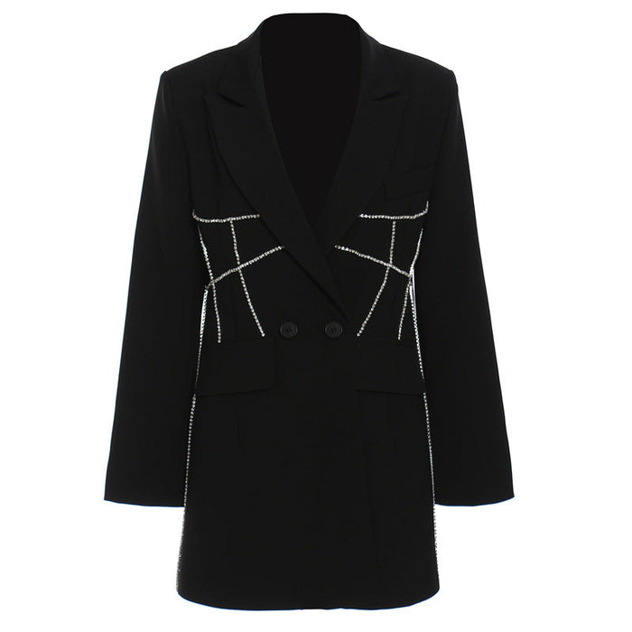 Autumn Winter Personalized Niche Heavy Industry Waist Rhinestone Mid Length Blazer Women