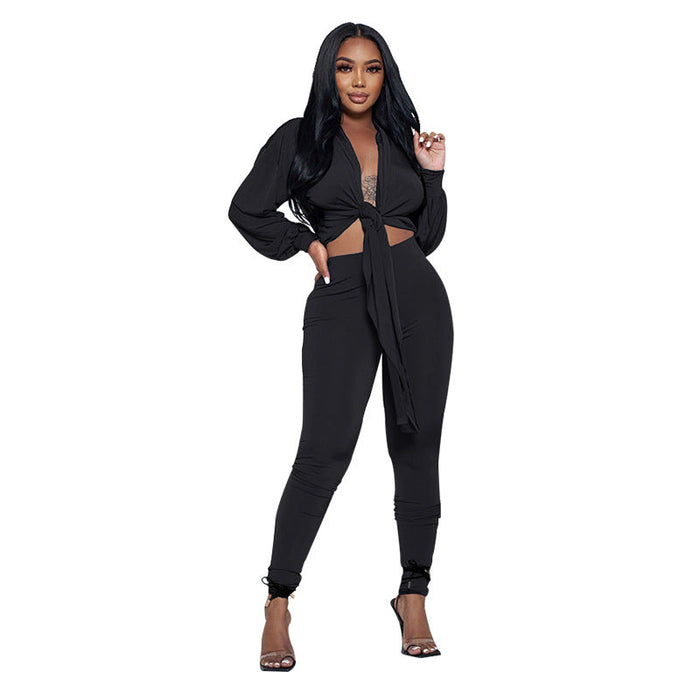 Solid Color Cardigan Bundle Long-Sleeved Women two piece set Casual Tight Trousers Suit