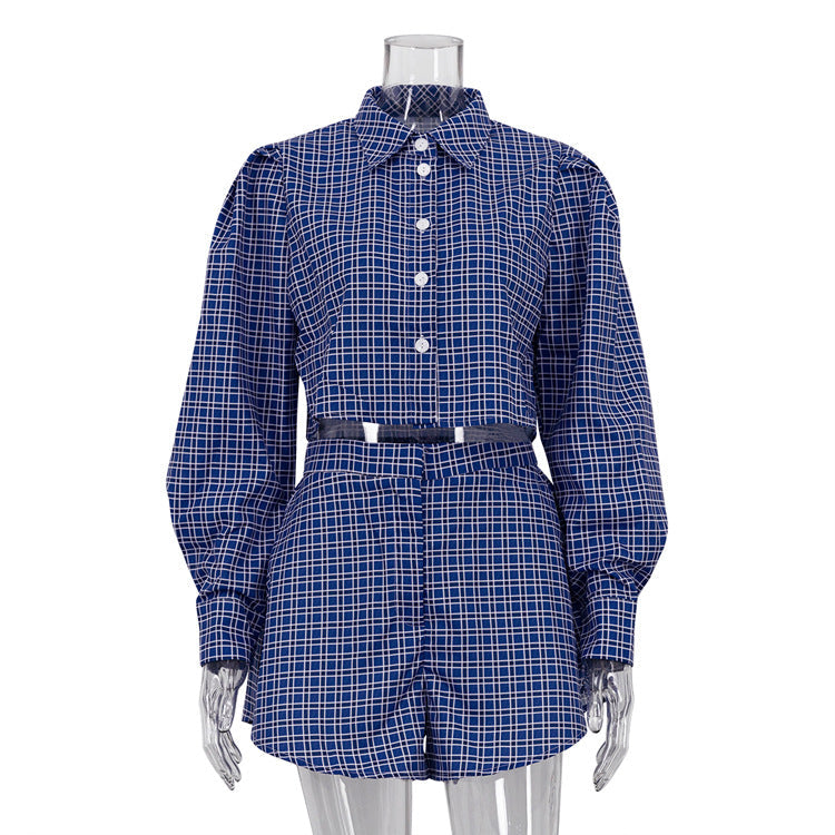 Blue Plaid Street Retro Long Sleeves Cropped Shirt Shorts sets Summer Women  Clothing
