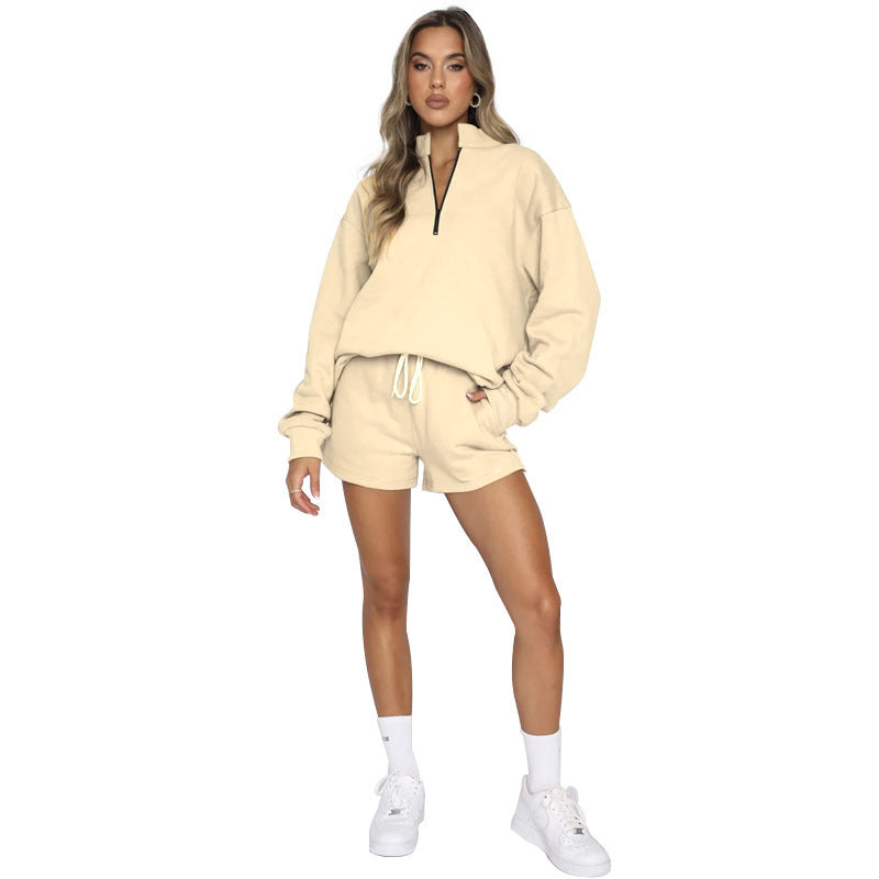 Autumn Winter Solid Color Stand Collar Zipper Pullover Long Sleeve Sweater Women Shorts Set