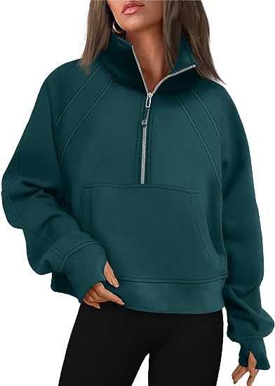 Women Clothing Half Zipper Short Stand Collar Thumb Hole Brushed Hoody