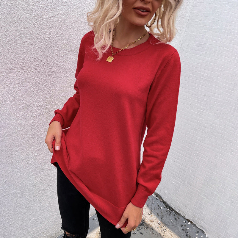 Women Clothing Autumn Winter Sweaters Women round Neck Button Solid Color Split Sweater