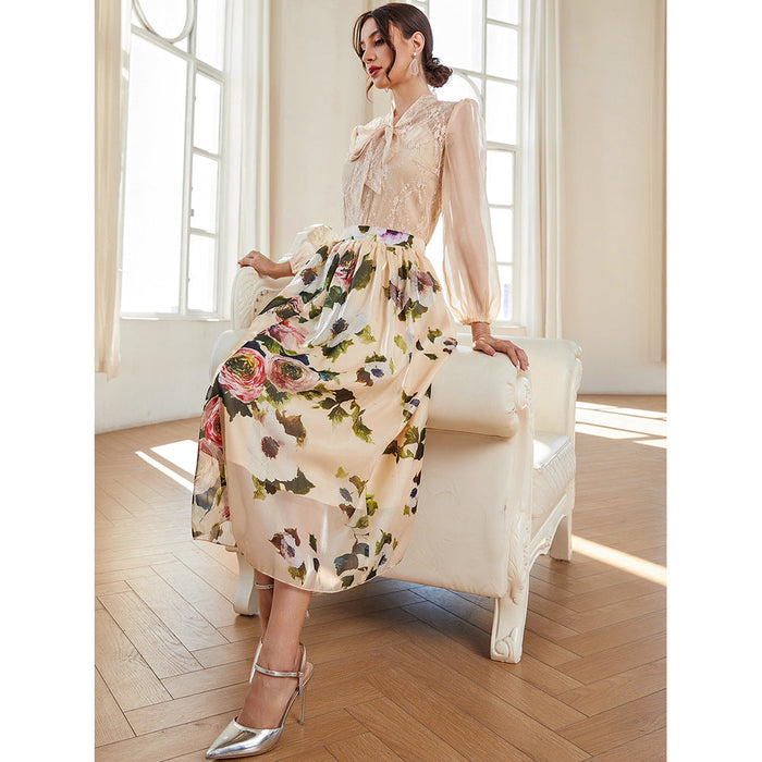 Round Neck Tulle Elegant Pattern High Waist Print Elegant Outfit