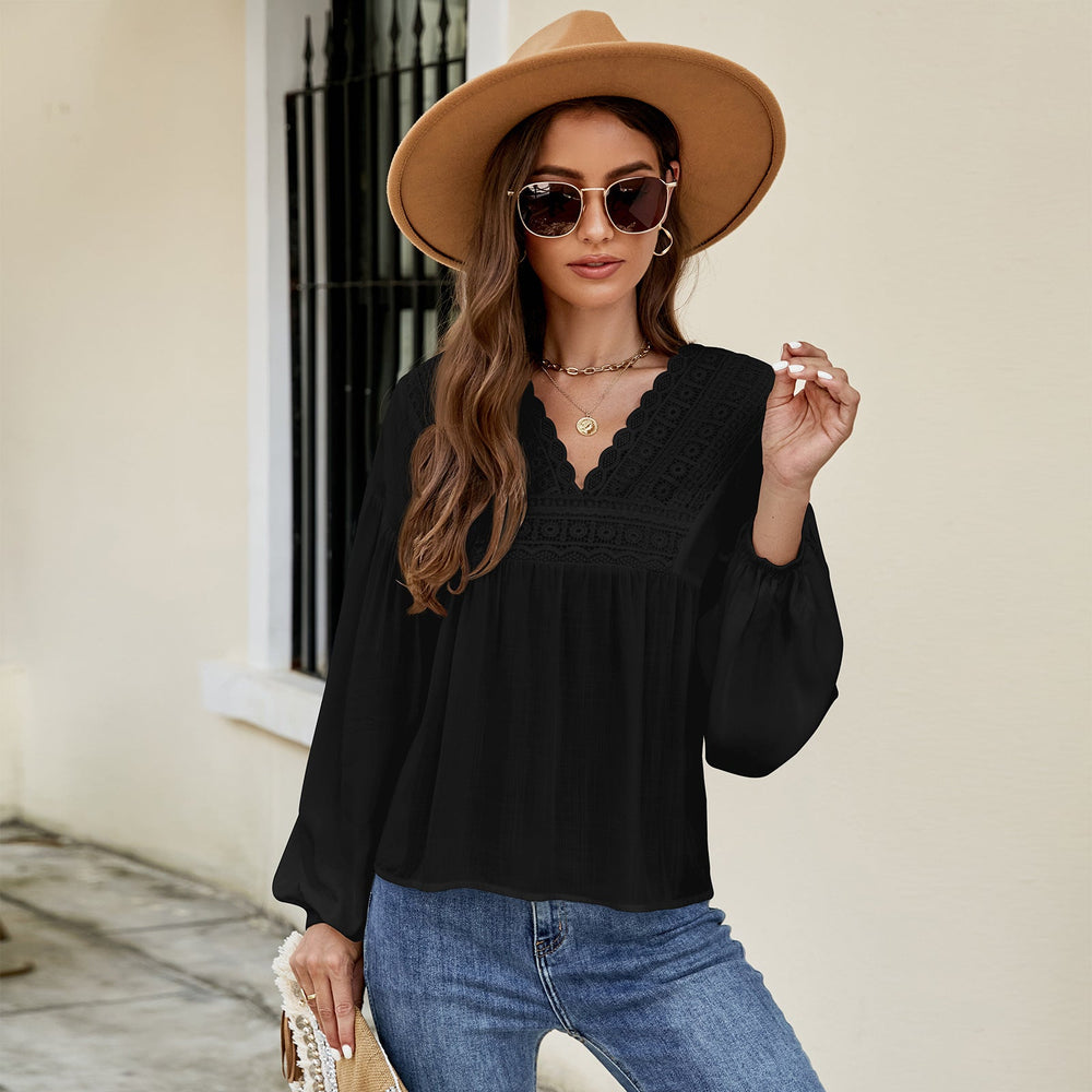 Autumn Winter Solid Color Pullover Lantern Sleeve Chiffon Shirt Top