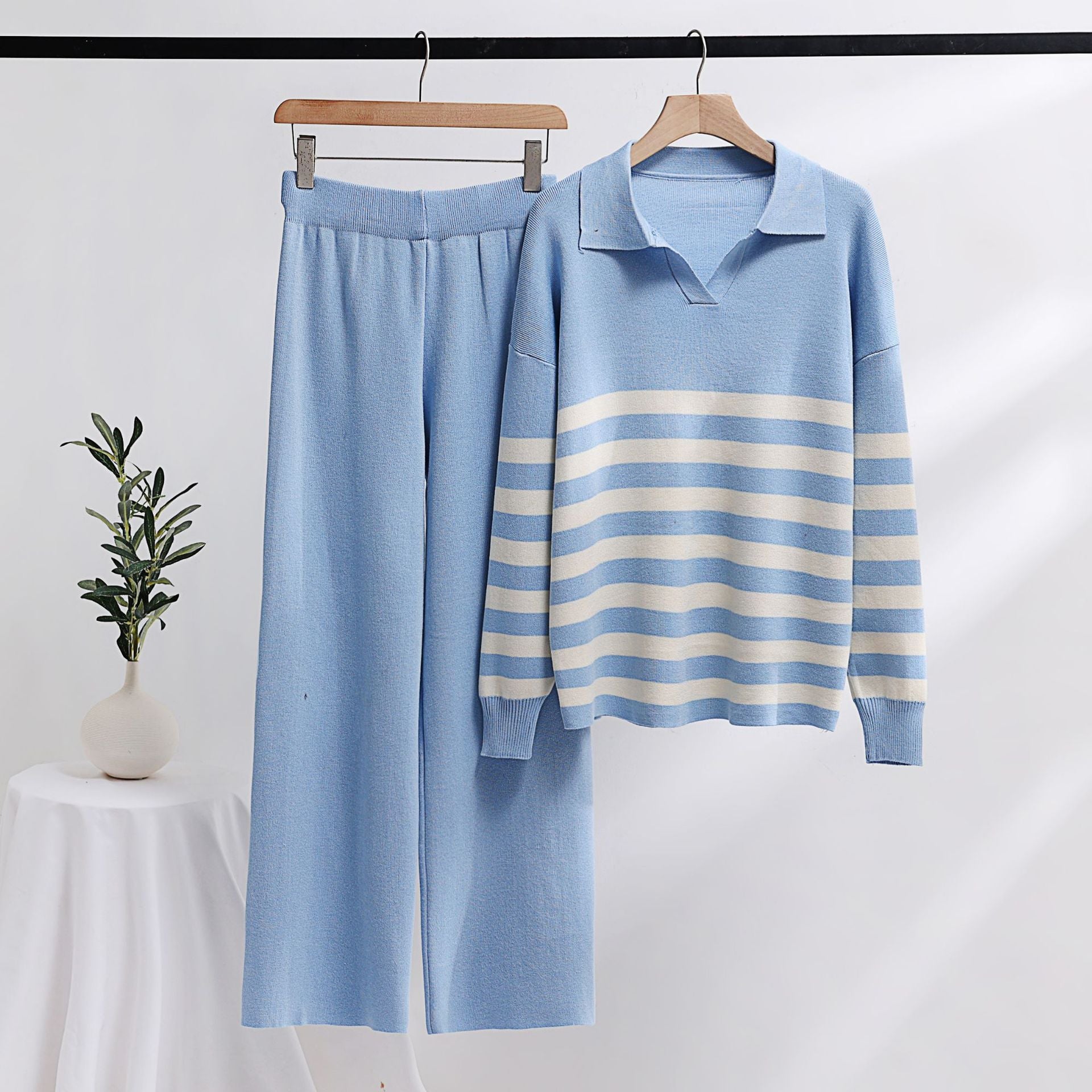 Knitting Suit Polo Collar Striped Sweater Loose Casual Two Piece Set Women Clothing