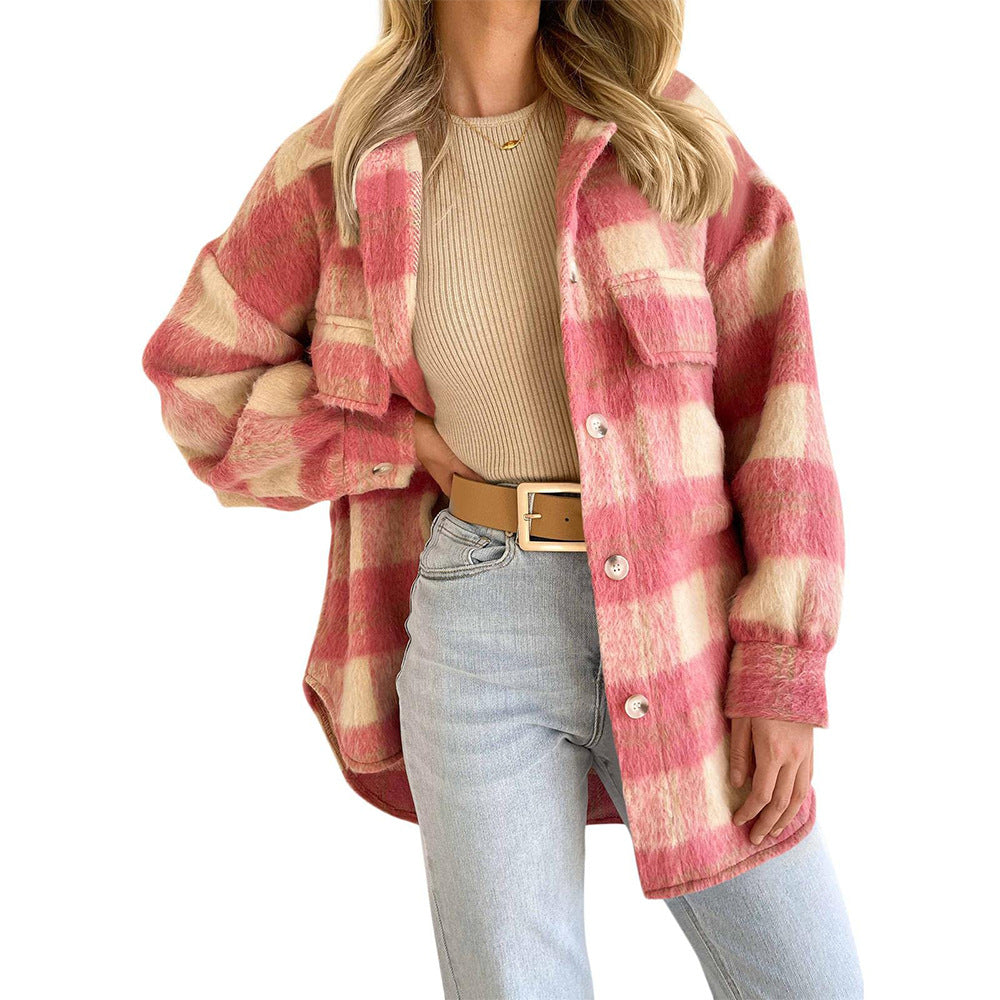 Autumn Winter Women Plaid Mohair Coat Woolen Thick Coat