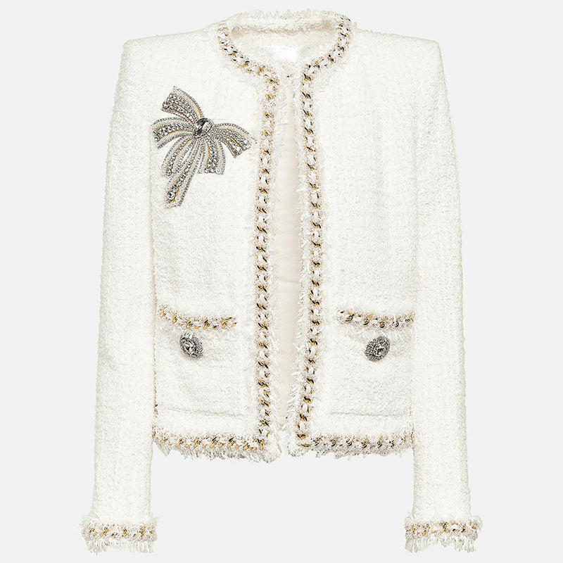 Chain Edge Bow Beaded Classic Tweed Jacket Coat