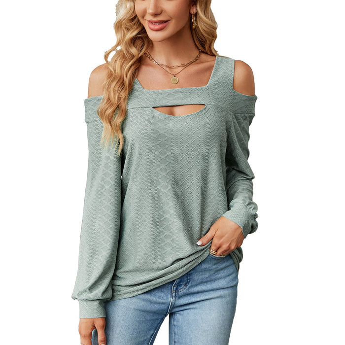 Autumn Winter Solid Color Hollow Out Cutout Loose Long Sleeved T Shirt Top Women Clothing