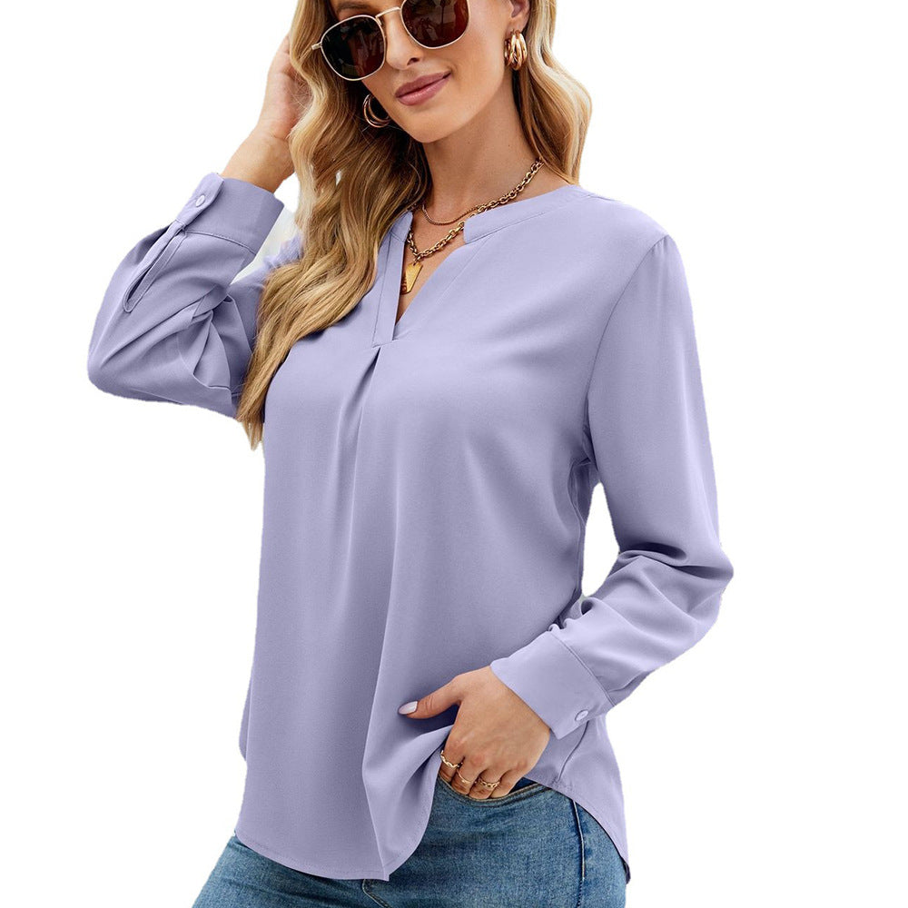 Women Clothing Autumn Winter Solid Color Chiffon Shirt Loose V neck Pullover Long Sleeve Top Shirt