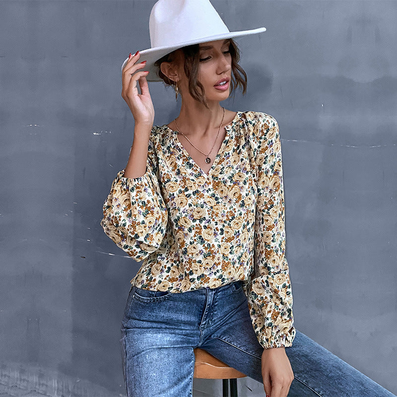 Early Autumn Holiday Women Loose Fitting V Neck Long Sleeves Floral Shirt
