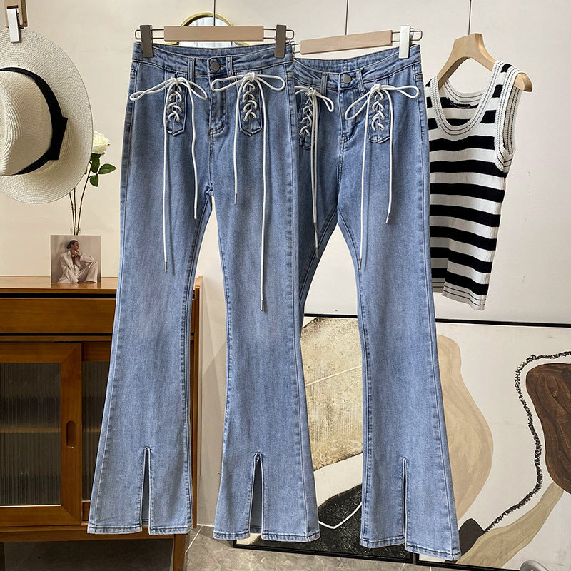 Women Clothing Street All Match Hip Hop Trousers Split Lace Up Design Jeans