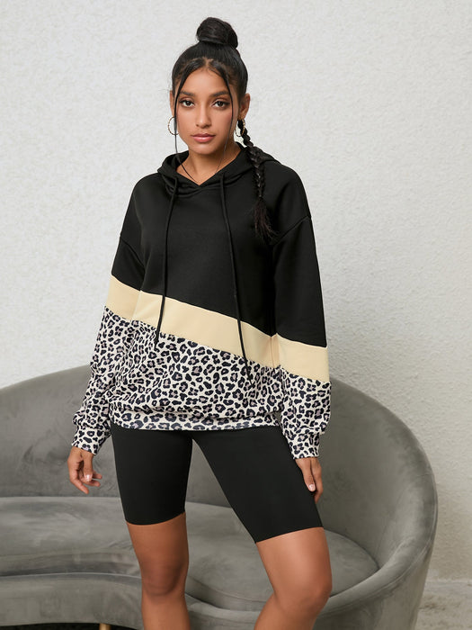 Autumn Winter Popular Leopard Print Three Color Stitching Hooded Long-Sleeved Sweater Women