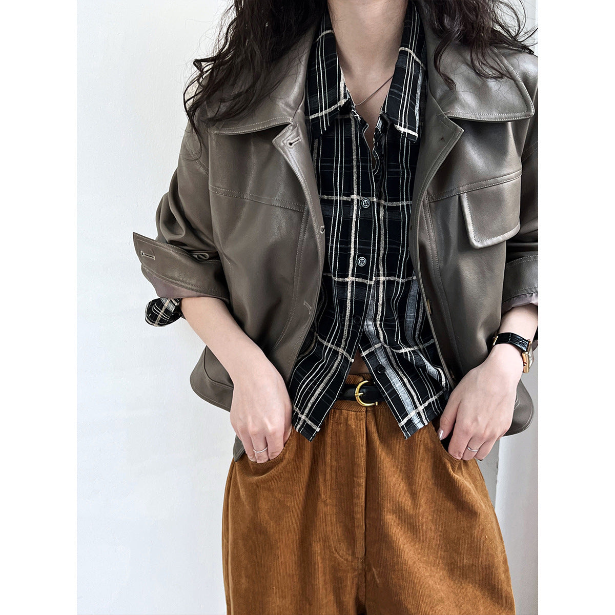 Fashionable Fine Elegant Brown Profile Faux Leather Coat Women Fall Lapels Motorcycle Short Jacket Coat