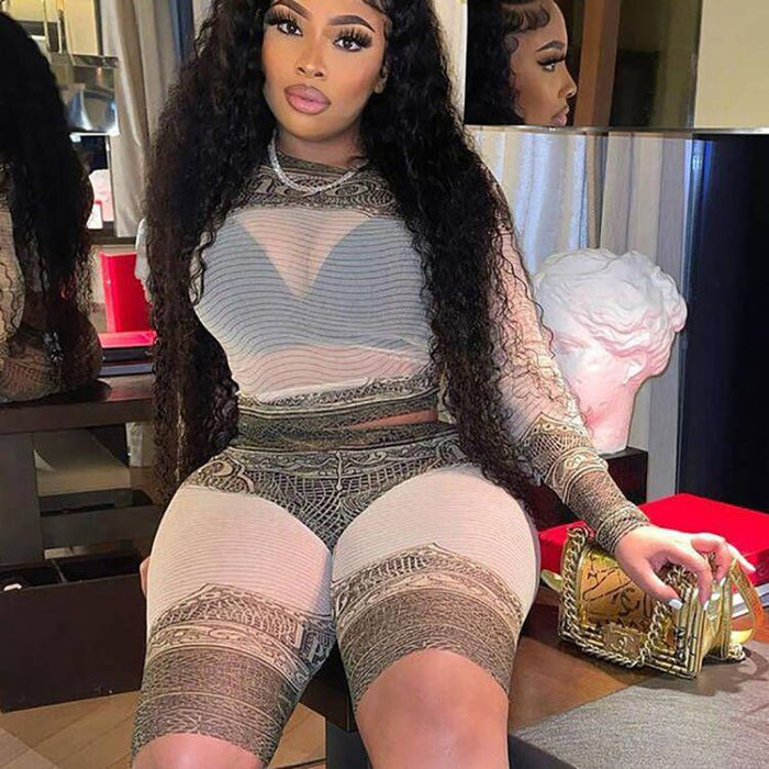 Sexy Mesh See through Suit Long Sleeve round Neck Short Top Points Leggings Two Suits