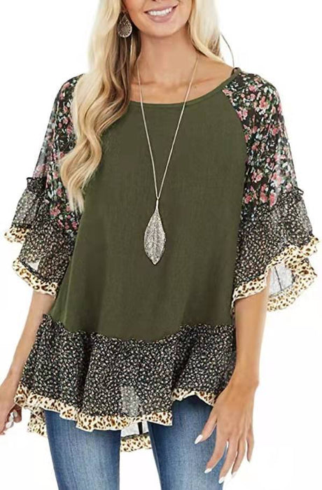 Spring Summer Women Clothing Batwing Sleeve Color Blocking Leopard Floral Print Mid Length Sleeves T Shirt