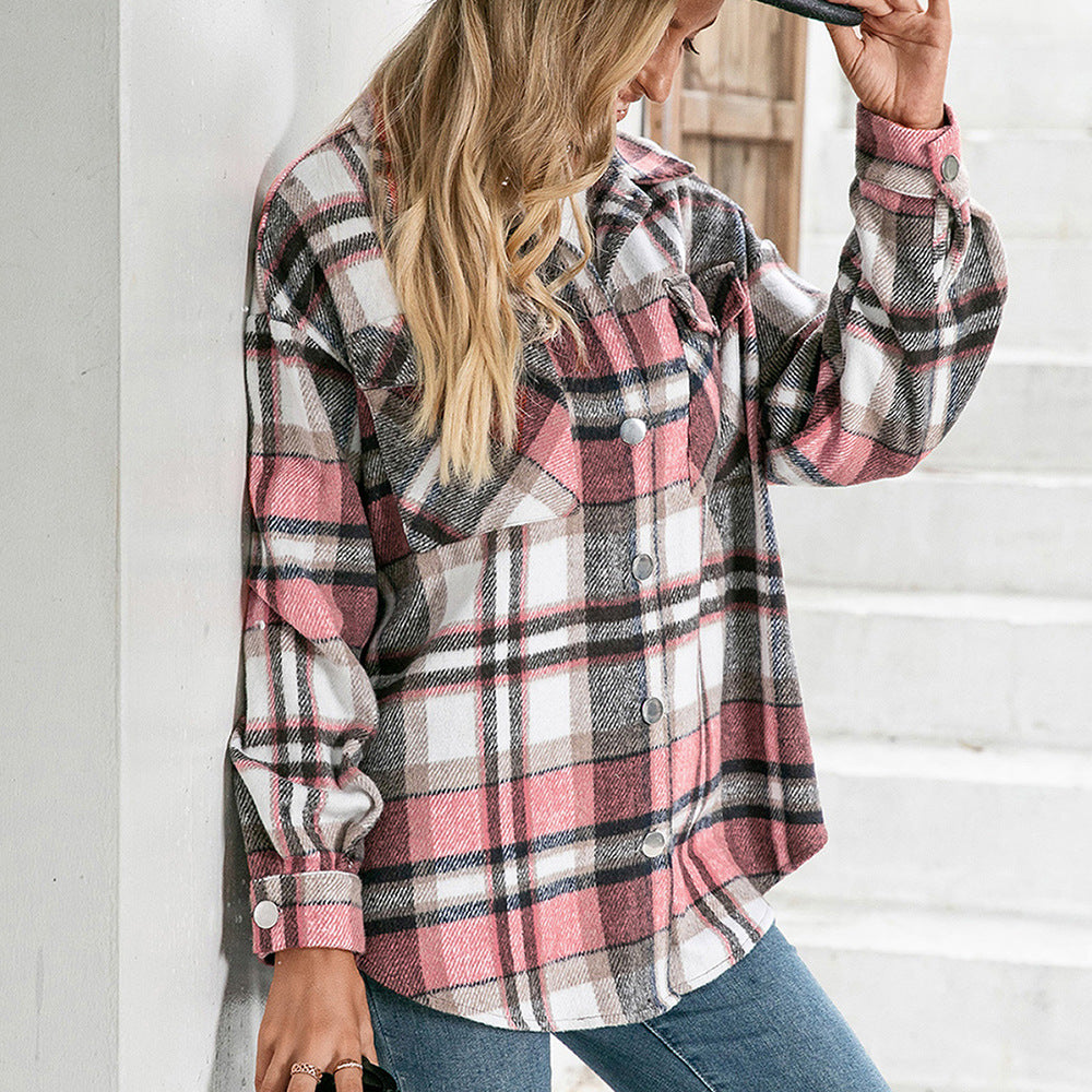 Thickened Fleece Long-Sleeved Top Casual Loose Single-Breasted Checked Shacket Jacket for Women