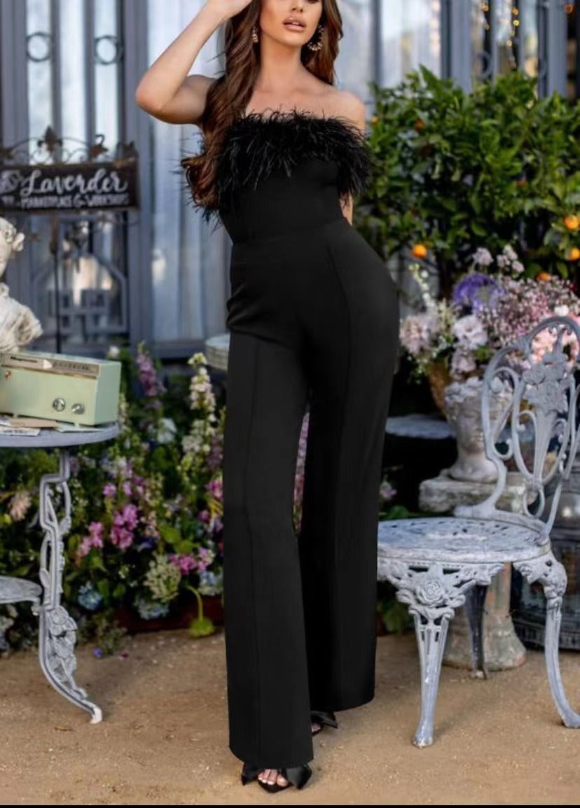 Spring Summer Women Clothing Sexy Deep V Plunge Feather Jumpsuit Casual Trousers