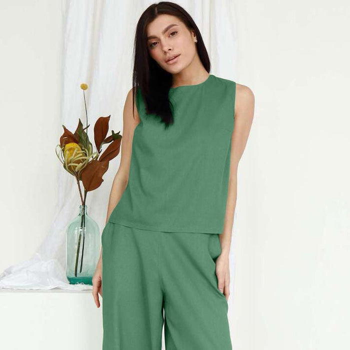 Comfortable Loose Cotton Linen Vest Trousers Pajamas Set Autumn Winter Ladies Homewear