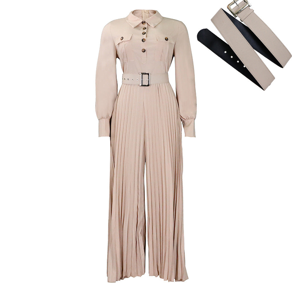 Belt Women Clothing Spring Summer Long Sleeve Casual Loose Pleated Wide Leg Jumpsuit