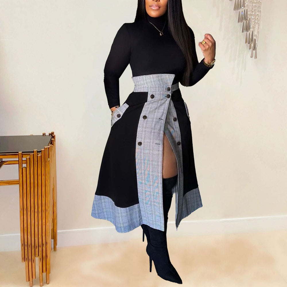 Popular Slim Fit Long Sleeved Small Turtleneck Plaid Split Midi Dress Two Piece Set