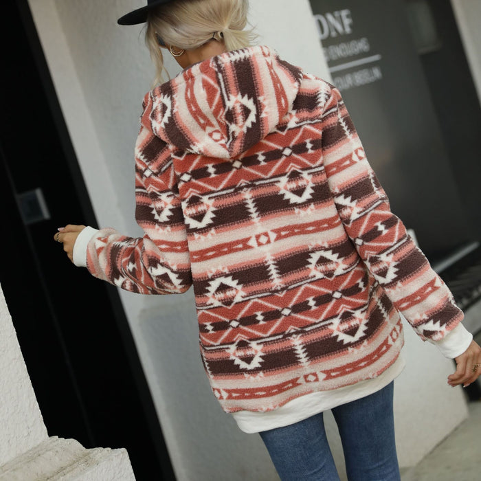 Casual Women's Autumn Clothing Pullover Hooded Fleece Lined Long Sleeve Loose Christmas Pattern Printed Zipper