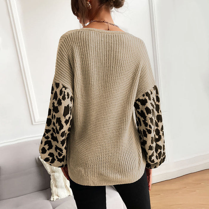 Autumn Women Thin round Neck Knitted Pullover Leopard Print Sweater Women