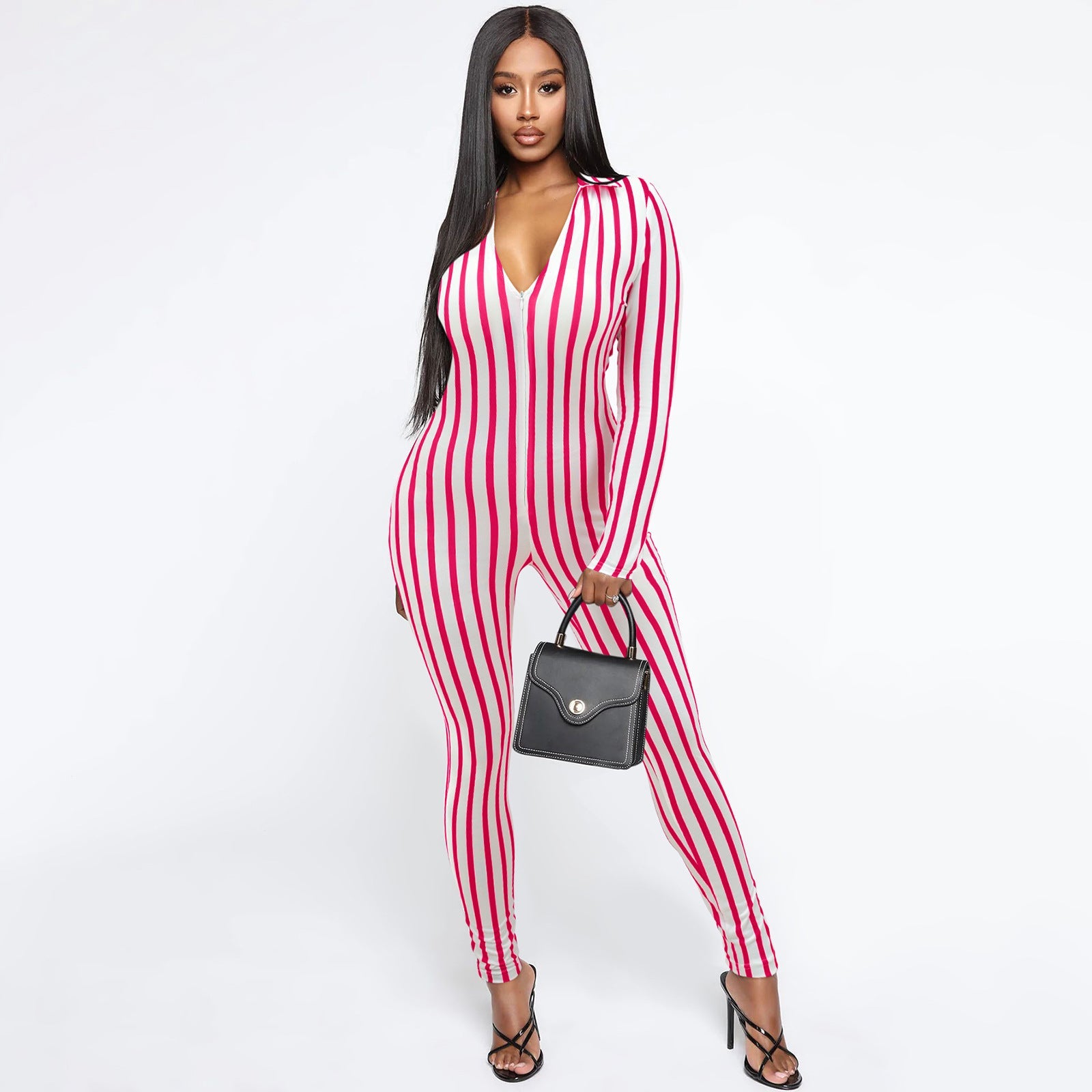 Fall Winter Striped Printed Casual Women Clothing Slim V-neck Long Sleeve Jumpsuit