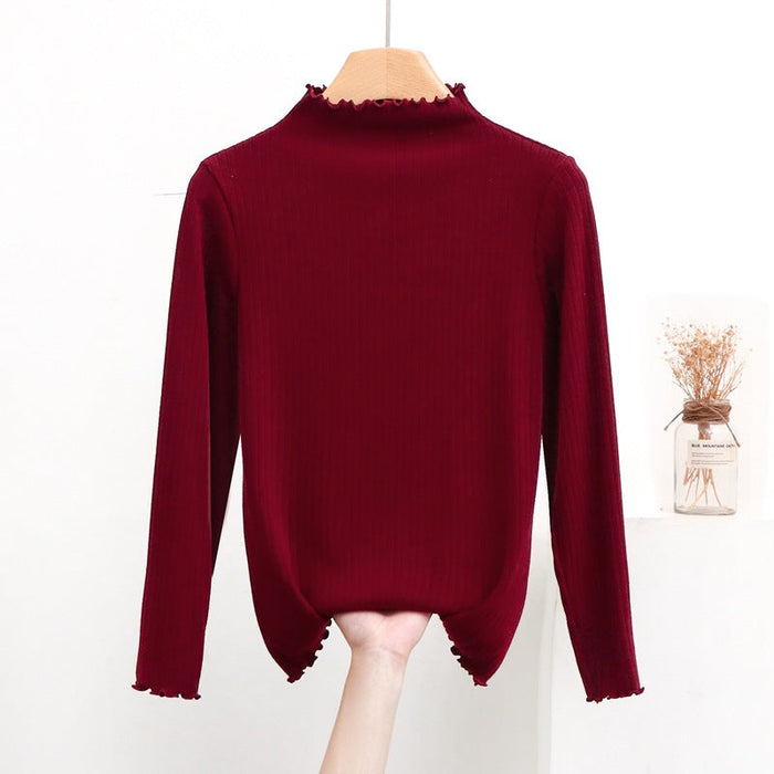 Women Half Turtleneck Slimming Stretch Sweater Spring Autumn Western Slim Fit Long Sleeve Bottoming Sweater Wooden Ear