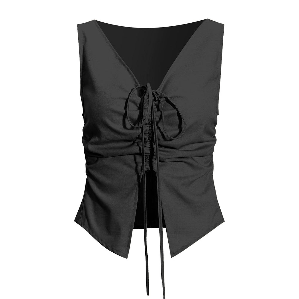 Niche Two-Piece Women Curved Placket Long Sleeve Short Shirt Pleated Drawstring Camisole Suit