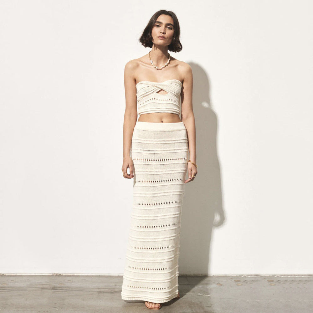 Tube Top off Shoulder Wrapped Chest Sexy Vest Short Top Knitted Skirt Set Summer Young Two Piece Suit