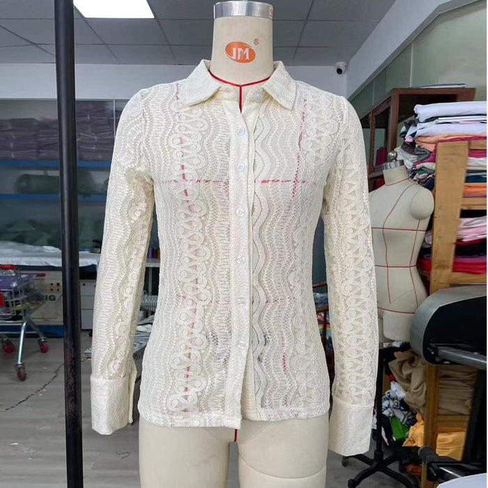 Autumn Winter Lace See through Slim Collared Sexy Bottoming Shirt Women