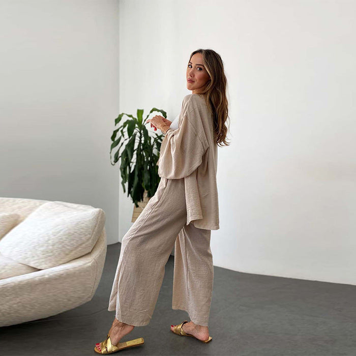 Cotton Linen Suit Cardigan Long Sleeved Top Pocket Wide Leg Trousers Two Piece Set