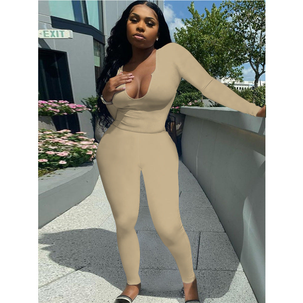 Women Clothing Sexy Deep V Plunge Plunge Long Sleeve Trousers Suit Solid Color Sanding Stretch Two-Piece Set for Women