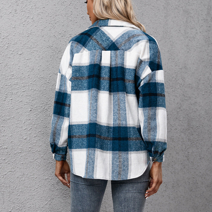 Thickened Cashmere Long-Sleeved Plaid Jacket Loose Casual shacket Jacket Plush Plaid Jacket Coat for Women