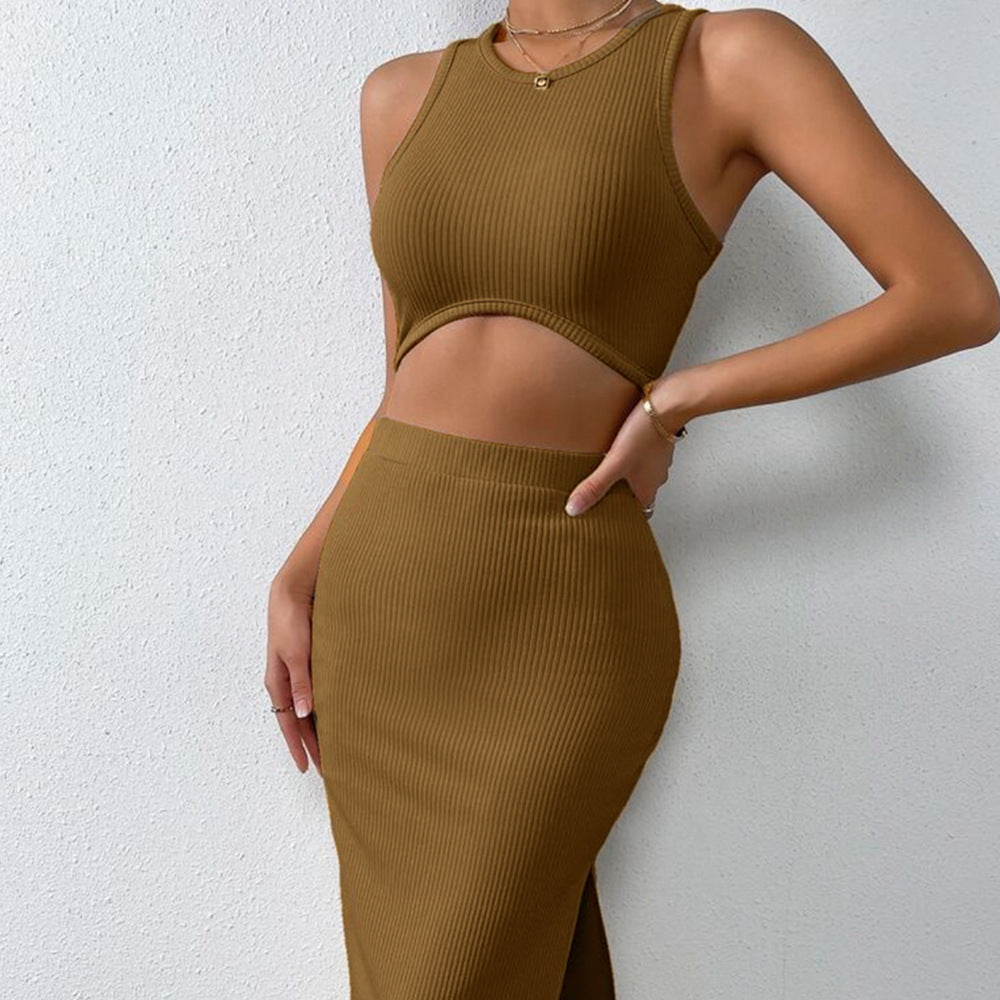 Casual Suit Round Neck Sleeveless Top Slit One Step Skirt Two Piece Set Women