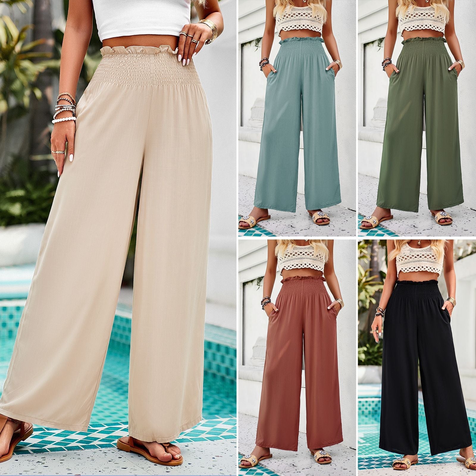 Women Clothing Spring Summer Casual Solid Color Loose Trousers